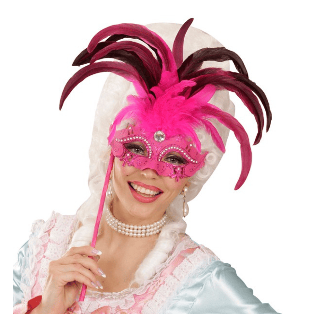 Alpha 55 masque loup Masque Vénitien Plumes XL Fuchsia sur Bâton – Strass & Glamour