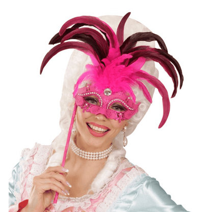 Alpha 55 masque loup Masque Vénitien Plumes XL Fuchsia sur Bâton – Strass & Glamour