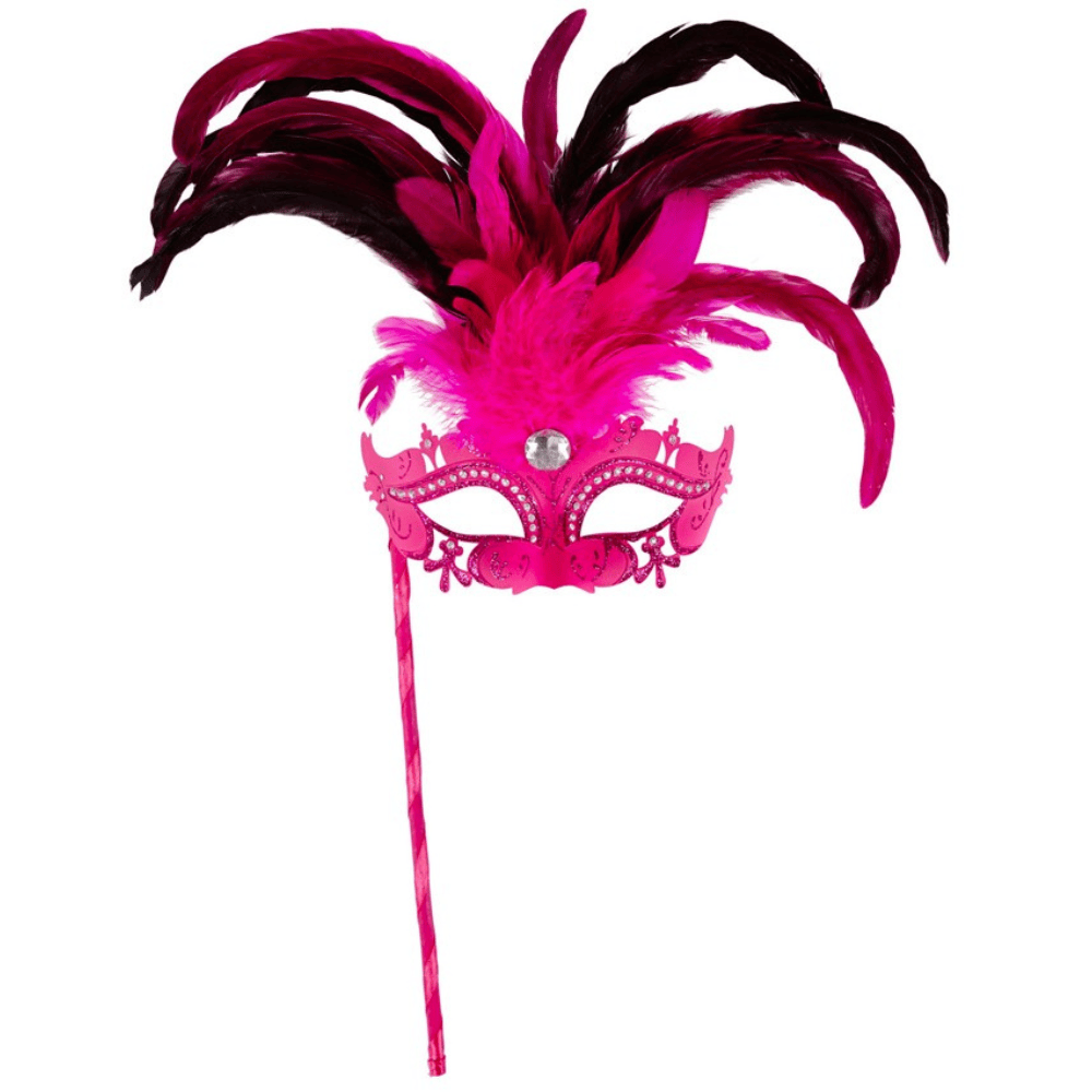 Alpha 55 masque loup Masque Vénitien Plumes XL Fuchsia sur Bâton – Strass & Glamour