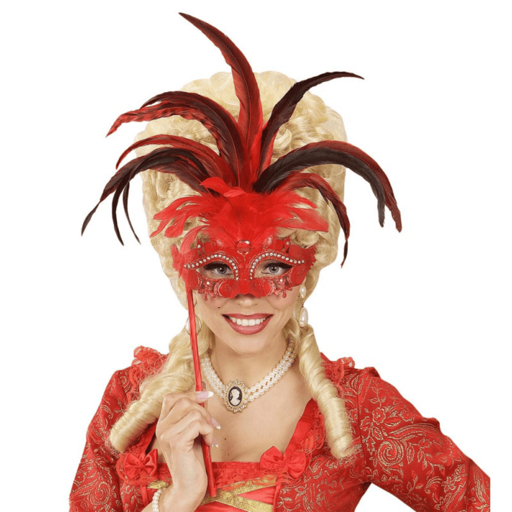 Alpha 55 masque loup Masque Vénitien Plumes XL Rouge sur Bâton – Strass & Spectaculaire