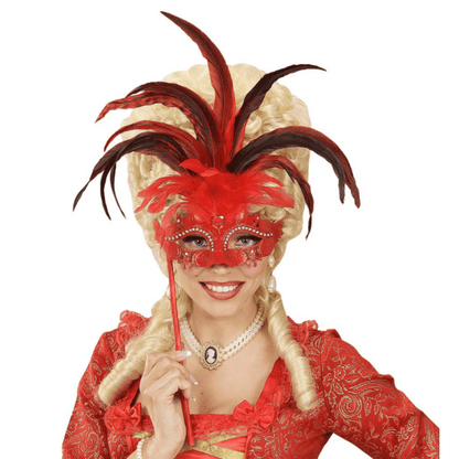 Alpha 55 masque loup Masque Vénitien Plumes XL Rouge sur Bâton – Strass & Spectaculaire