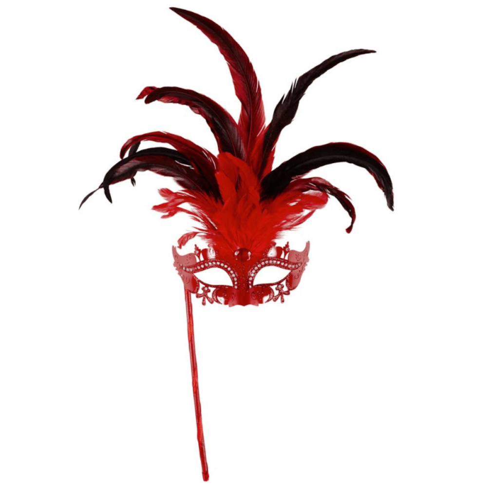Alpha 55 masque loup Masque Vénitien Plumes XL Rouge sur Bâton – Strass & Spectaculaire