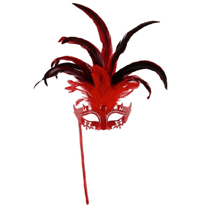 Alpha 55 masque loup Masque Vénitien Plumes XL Rouge sur Bâton – Strass & Spectaculaire
