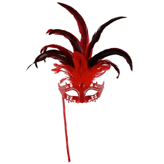 Alpha 55 masque loup Masque Vénitien Plumes XL Rouge sur Bâton – Strass & Spectaculaire