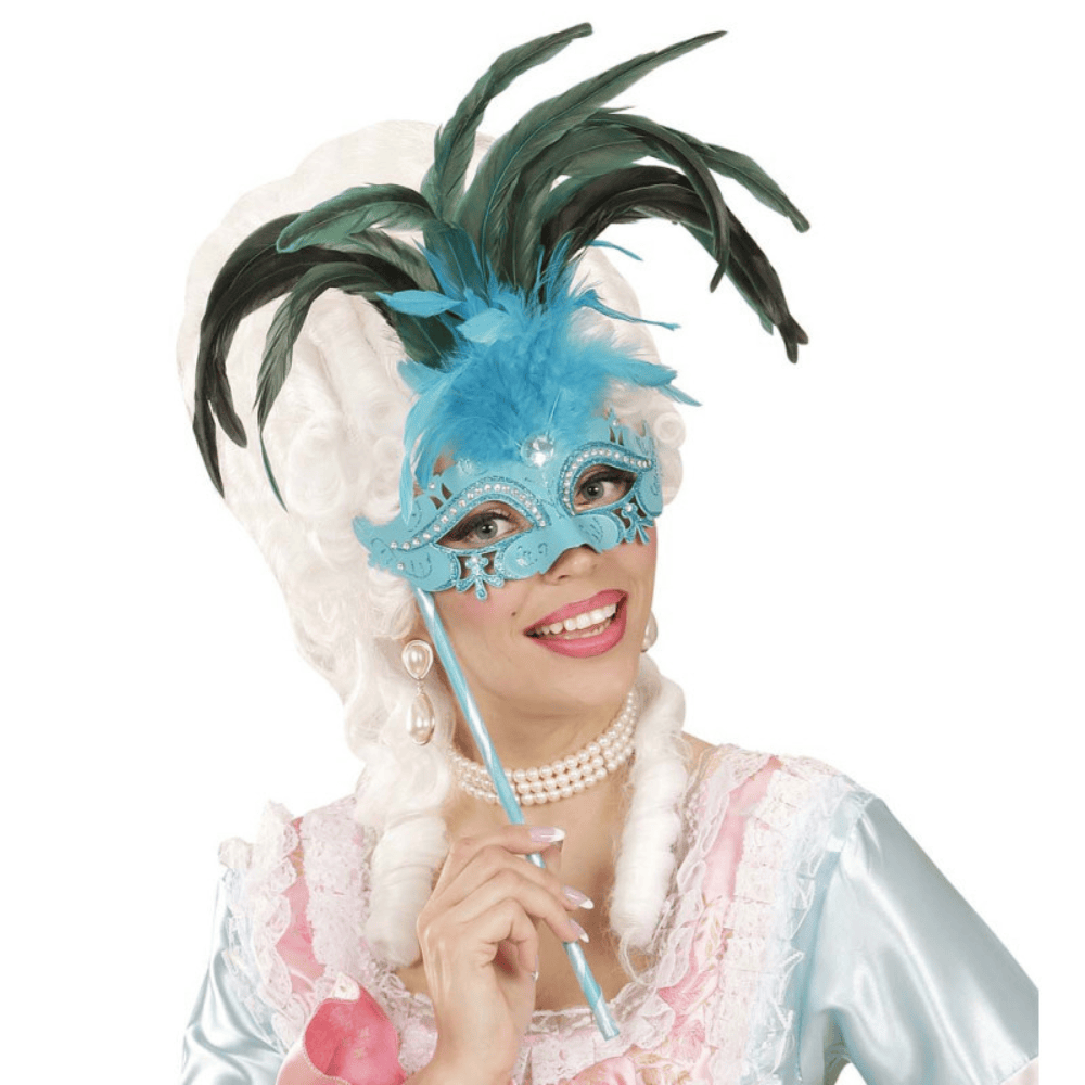 Alpha 55 masque loup Masque Vénitien Plumes XL Turquoise sur Bâton – Strass & Majesté