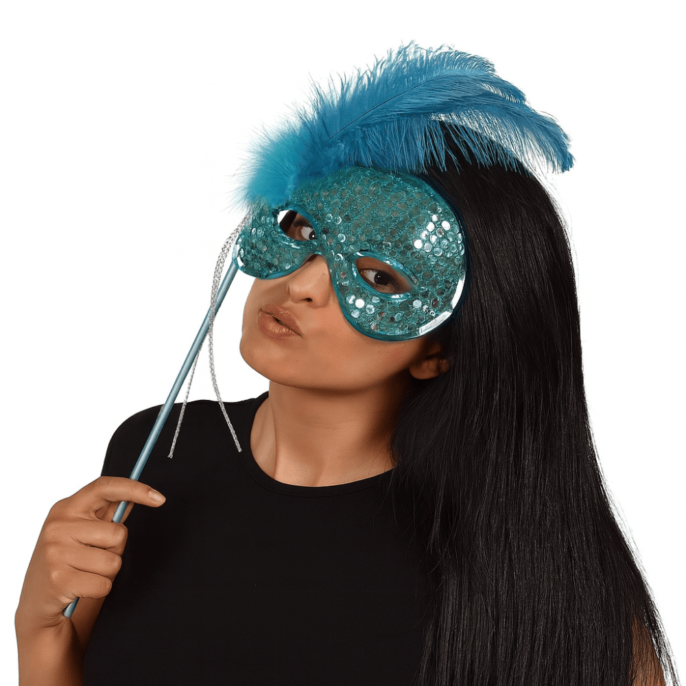 Alpha 55 Masque Loup sur Tige Turquoise – Élégant & Festif