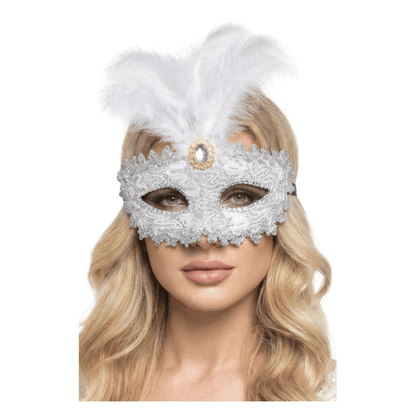 Alpha 55 masques Argent Loup Dentelle Plumes Devant – Déguisement