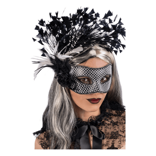 Alpha 55 masques Loup Luxe Fleur Plumes Noir Argent