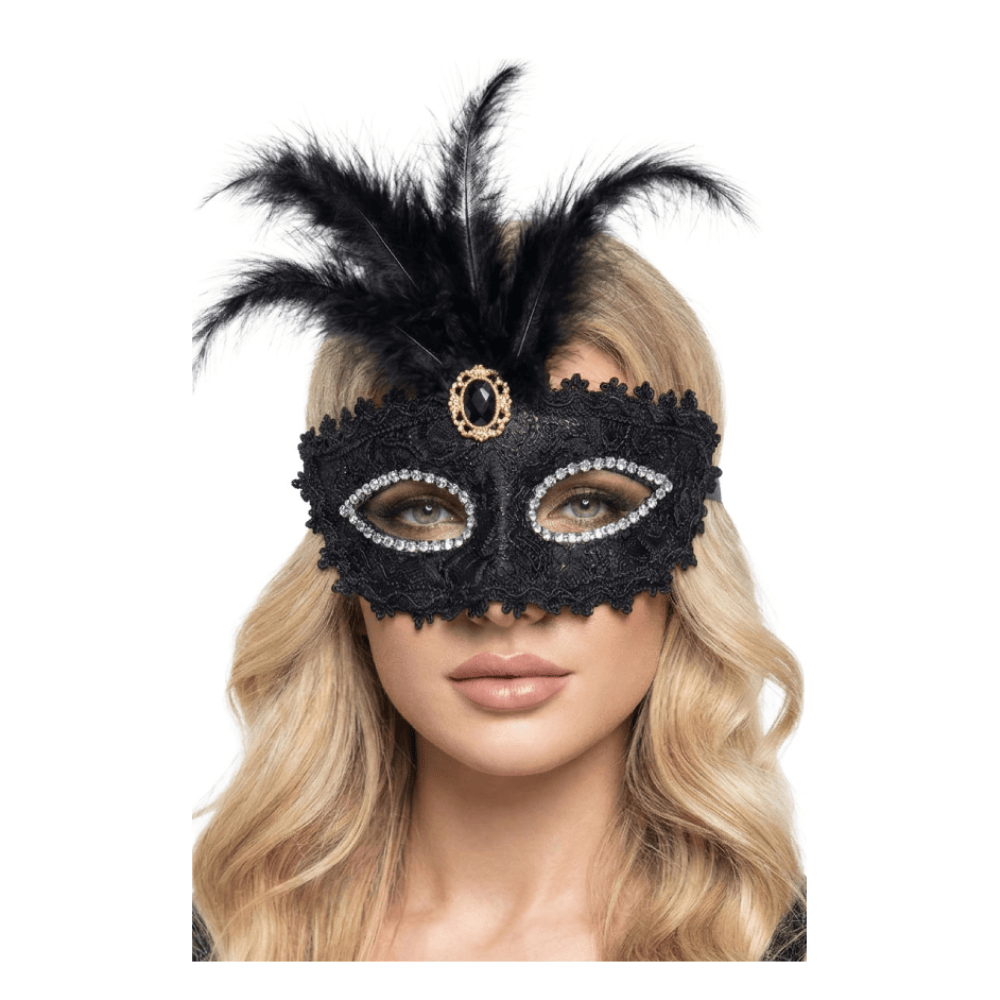 Alpha 55 masques Noir Loup Dentelle Plumes Devant – Déguisement
