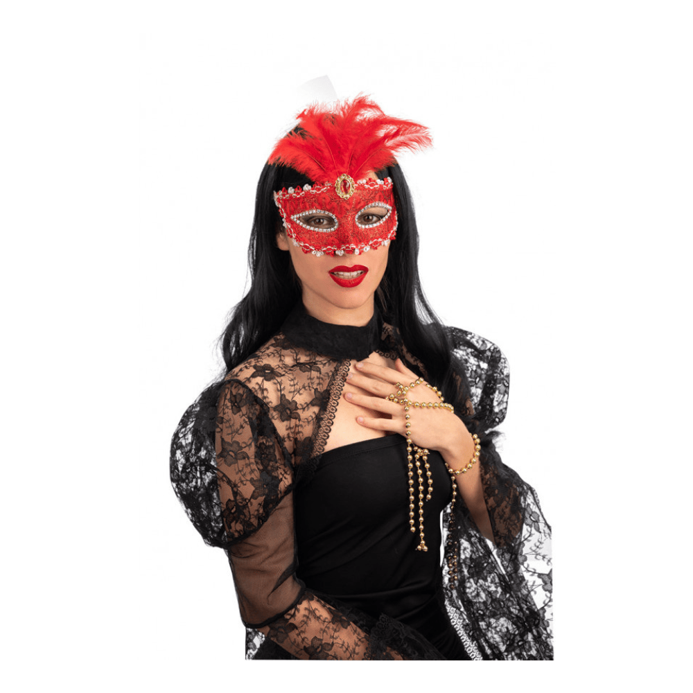 Alpha 55 masques Rouge Loup Dentelle Plumes Devant – Déguisement