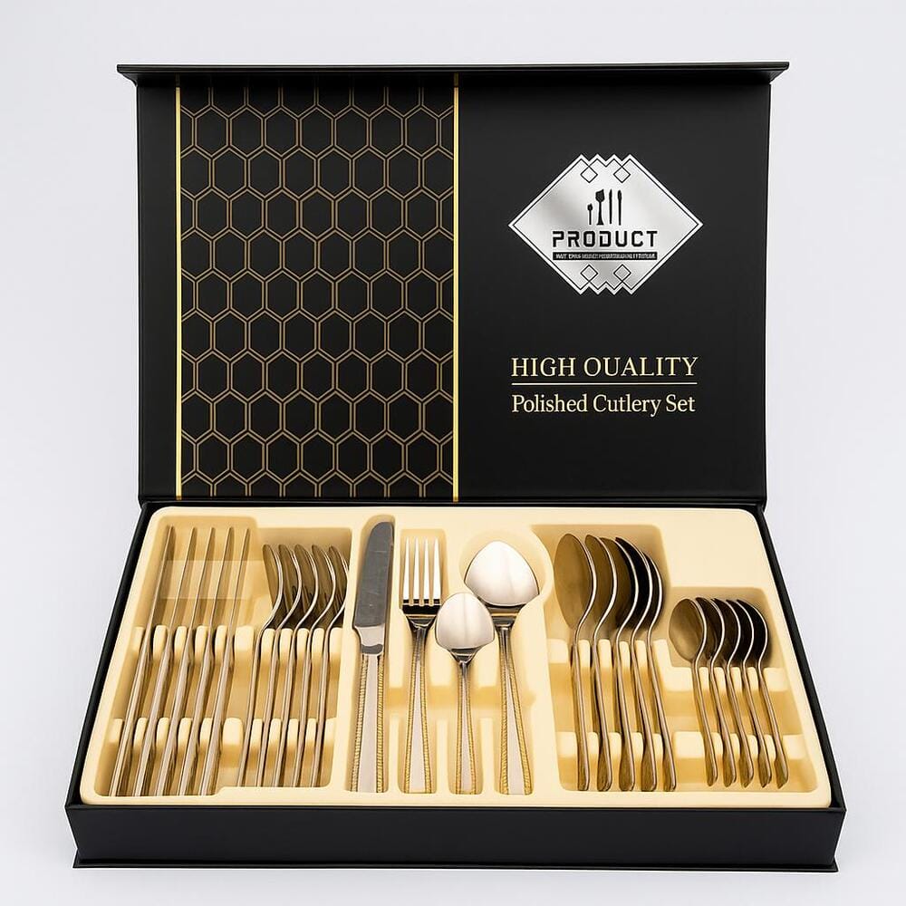 Alpha 55 Ménagère 24 pièces en Inox Manche Brodé Doré – Chic