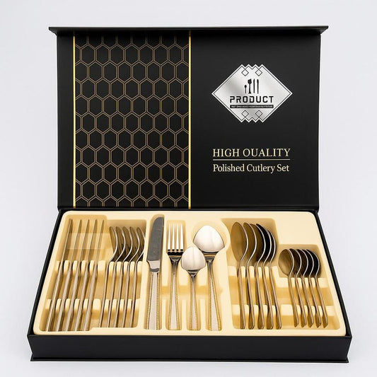 Alpha 55 Ménagère 24 pièces en Inox Manche Brodé Doré – Chic