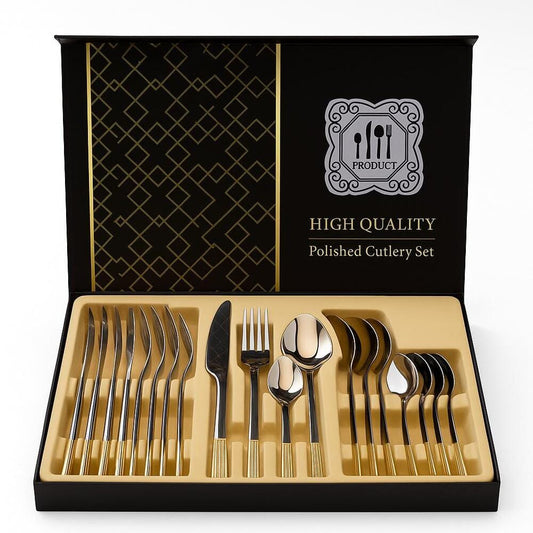 Alpha 55 Ménagère 24 Pièces en Inox Manche Vague Or – Élégante