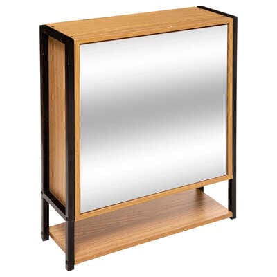 Meuble De Salle De Bain Avec Grand Miroir Porte + 2 Etagères Noir Et Naturel