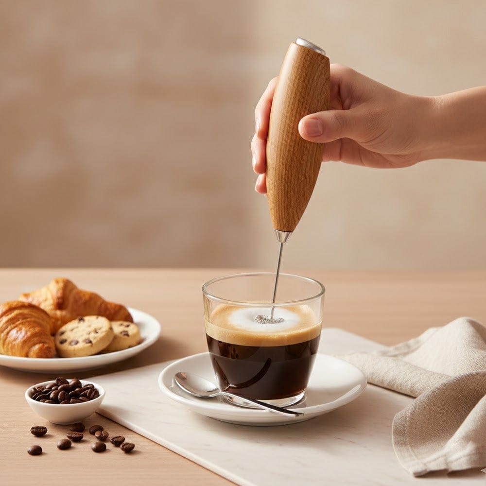 Alpha 55 Mousseur à lait manuel manche en bambou – Naturel & élégant