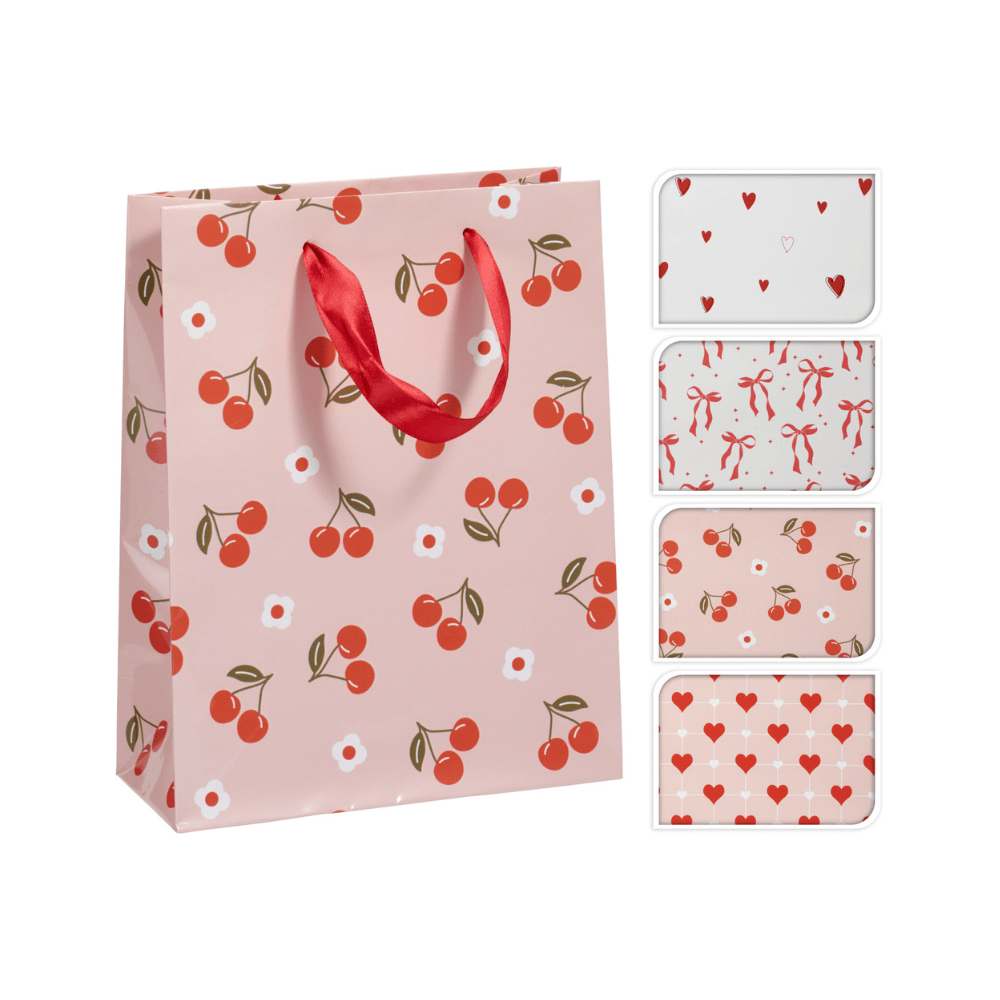 Alpha 55 Moyen Sac cadeau imprimé cerises, nœud & cœurs