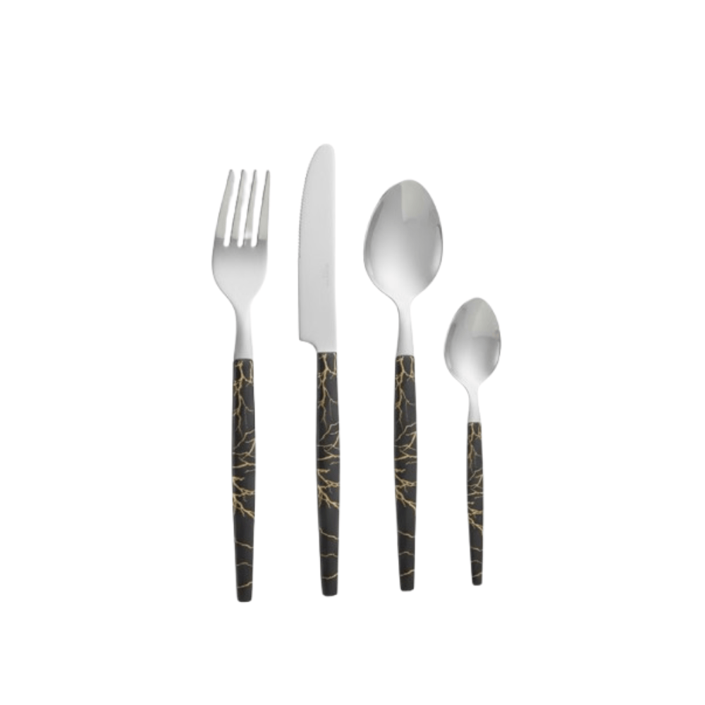 Alpha 55 Noir Ménagère 24 Pièces – Couverts Inox & Manche Effet Marbre