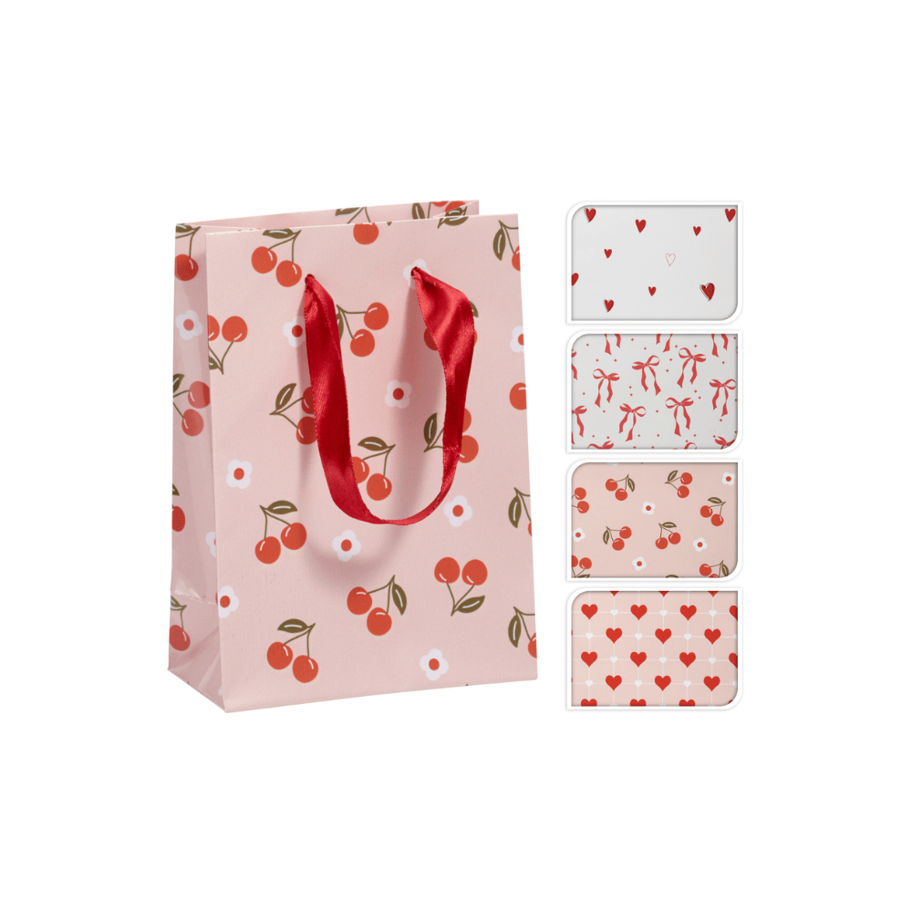 Alpha 55 Petit Sac cadeau imprimé cerises, nœud & cœurs