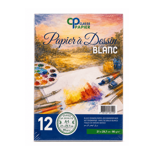 Pochette Dessin Blanc 24×32 cm 190 g – 12 Feuilles — Alpha 55 Maroc