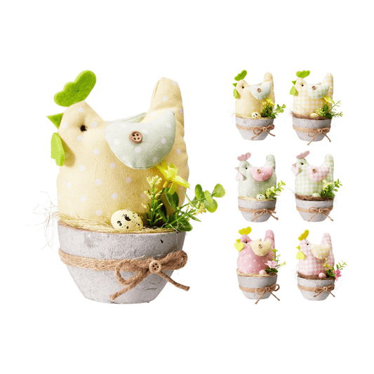 Alpha 55 Poulet tissu polyester avec pot & fleur – Déco