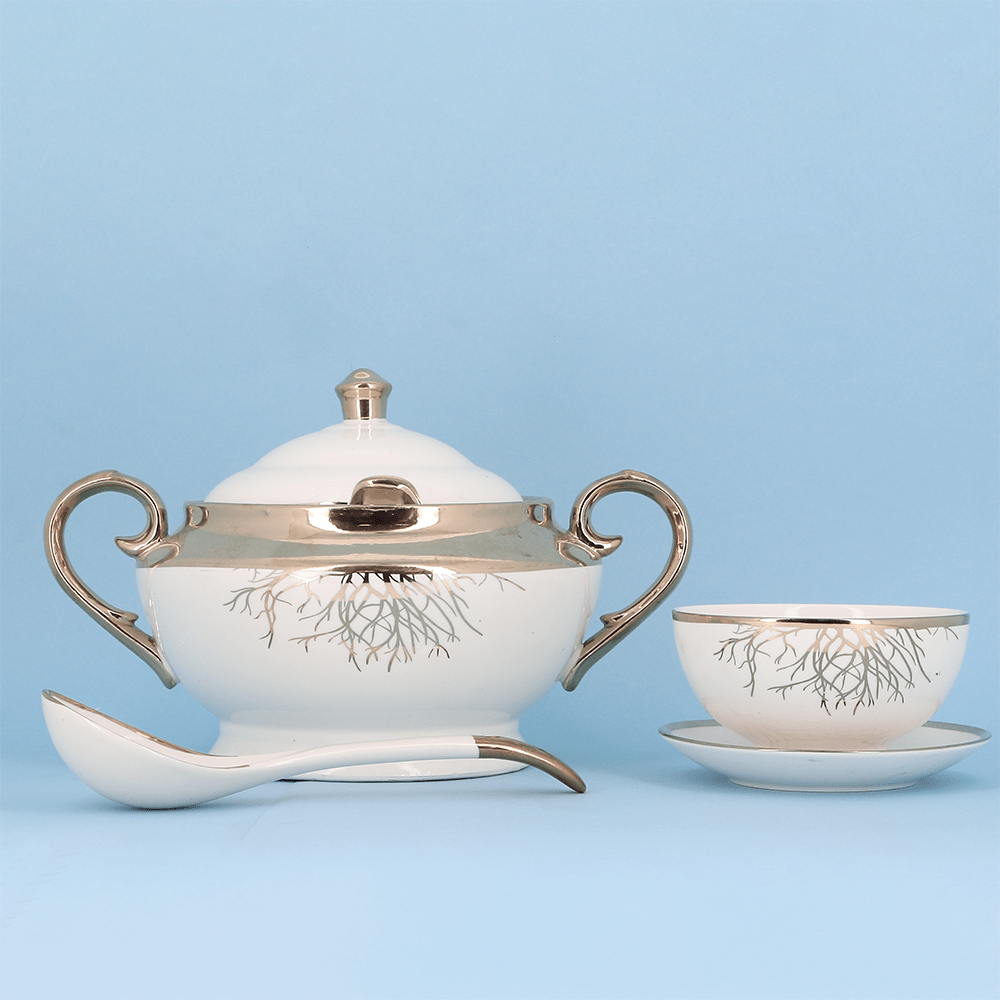 Service à soupe 15 pièces : bords dorés