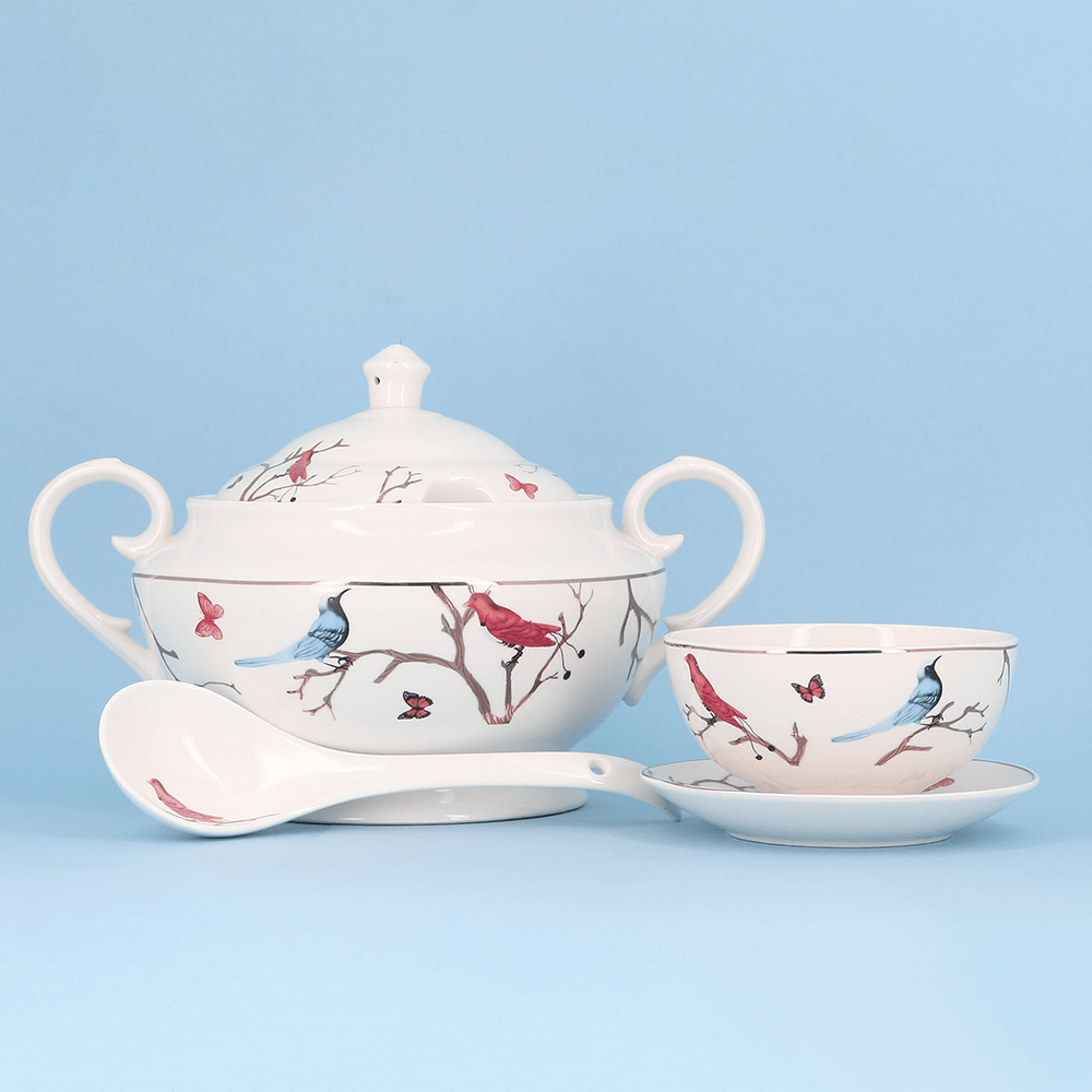 Service à soupe 15 pièces : oiseaux de couleur