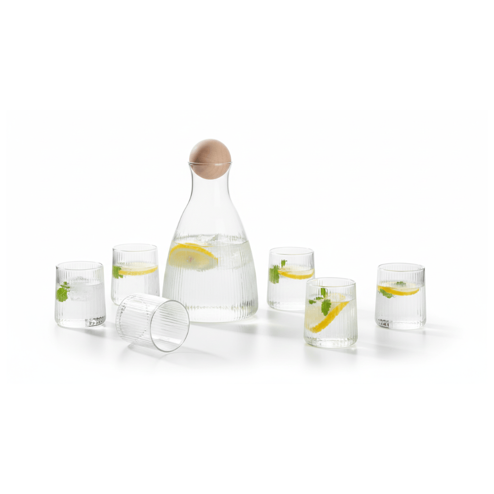 Alpha 55 Service Jus 7 Pièces en Verre Strié - Carafe & 6 Verres