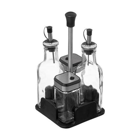 Alpha 55 Set Bouteille Huile Vinaigre Sel & Poivre avec Support Noir