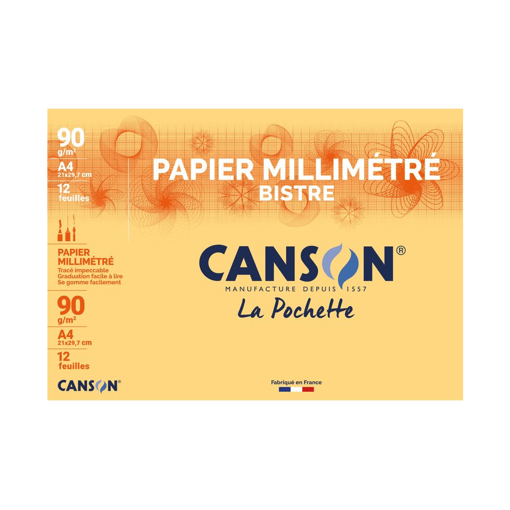 Alpha 55 set de 12 feuilles en Papier millimètre canson A4 avec pochette