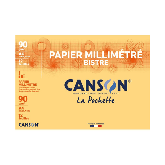 Alpha 55 set de 12 feuilles en Papier millimètre canson A4 avec pochette