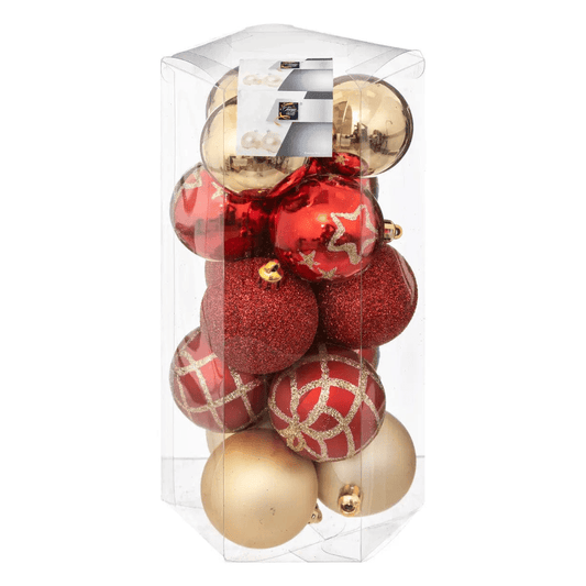 Alpha 55 Set de 15 Boules Noël Plastique Lisse – Rouge/Or