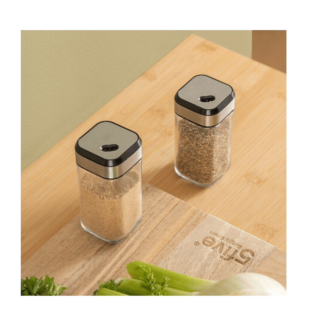Alpha 55 Set de 2 bouteilles sel et poivre en verre et inox