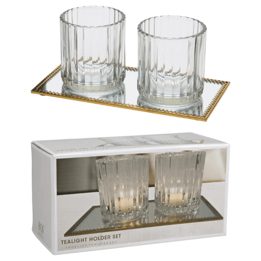 Alpha 55 Set de 2 porte-bougies en verre avec plateau miroir
