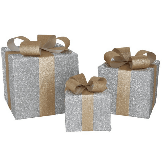 Alpha 55 Set de 3 boîtes cadeau argent – Nœud doré scintillant