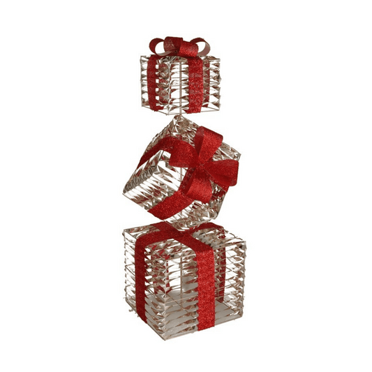 Alpha 55 Set de 3 boîtes cadeau dorées – Nœud rouge 90 LED