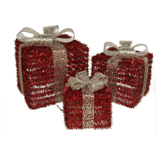 Alpha 55 Set de 3 boîtes cadeau LED rouge – Nœud doré 180 LED