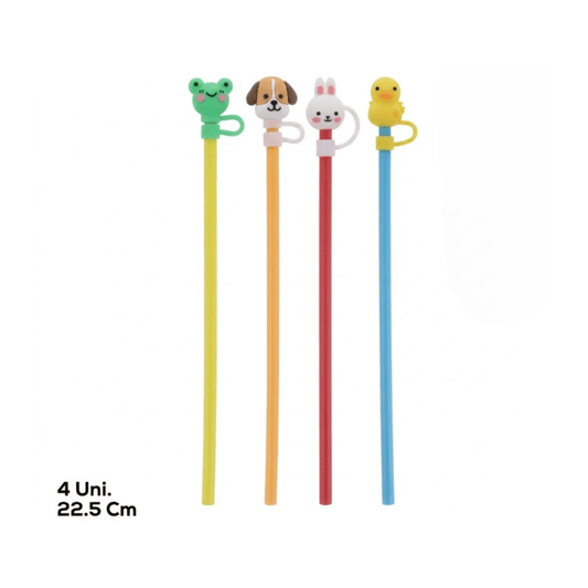 Alpha 55 Set de 4 pailles en plastique avec couvercle animal