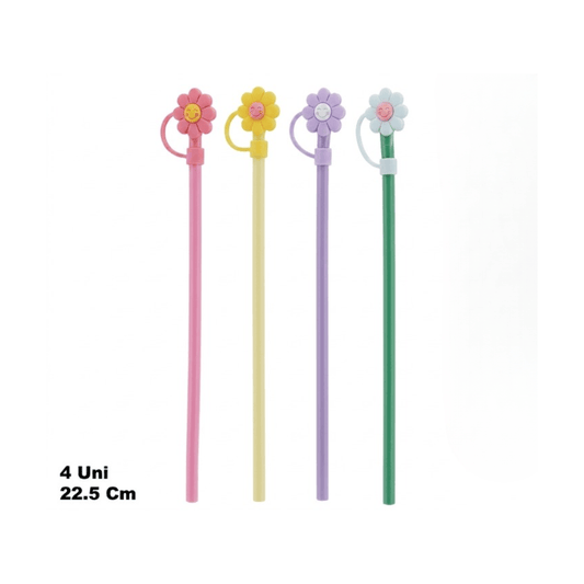 Alpha 55 Set de 4 pailles en plastique avec couvercle fleur