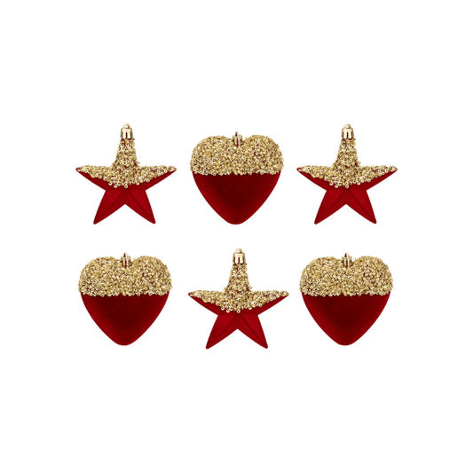 Alpha 55 Set de 6 Cœurs & Étoile Pailletés Rouge-Or - Déco Noël