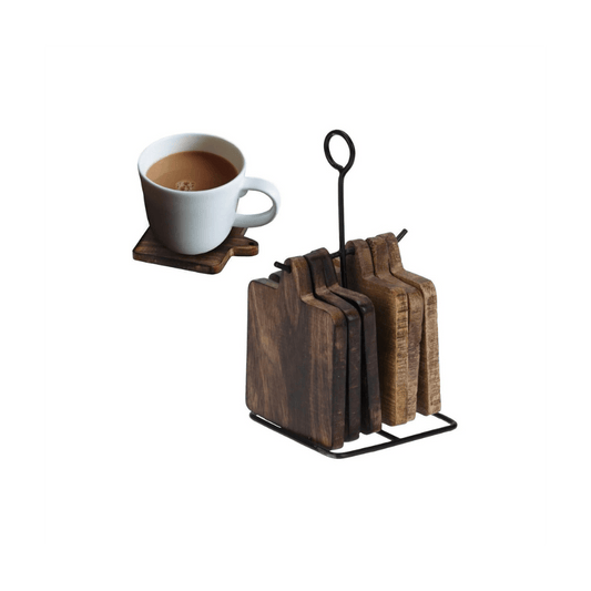 Alpha 55 Set de 6 Dessous de Verre en Bois + Support en Métal – Chic & Pratique