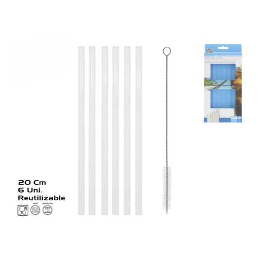 Alpha 55 Set de 6 pailles en verre droites avec goupillon