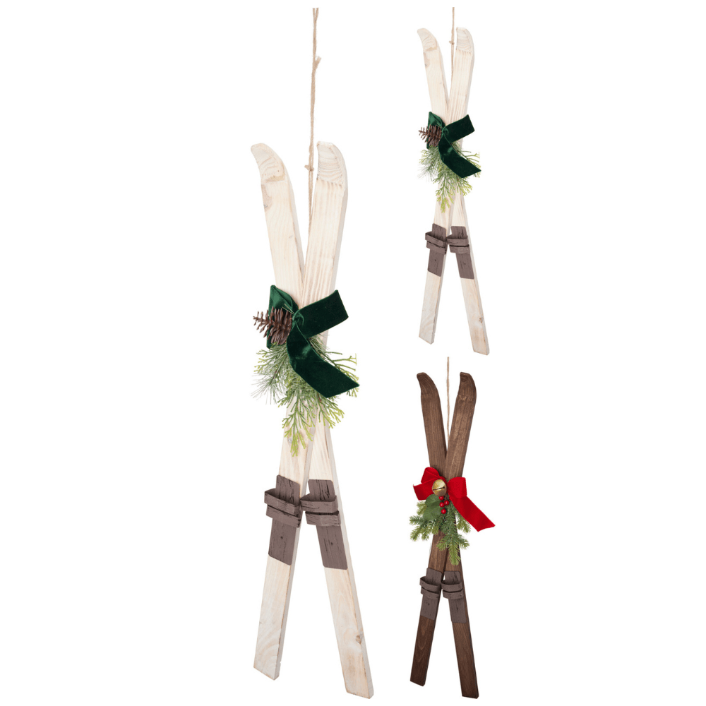Alpha 55 Skis décoratifs en bois avec ruban – Style Noël naturel