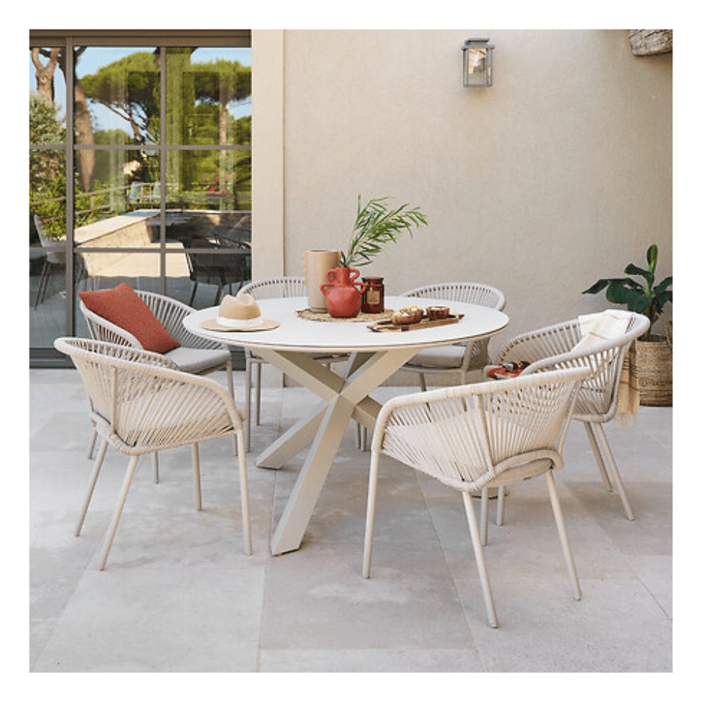 Alpha 55 Table Oryon ronde 6 places aluminium en verre argile