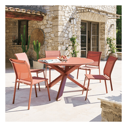 Alpha 55 Table Oryon ronde 6 places en aluminium et verre acajou