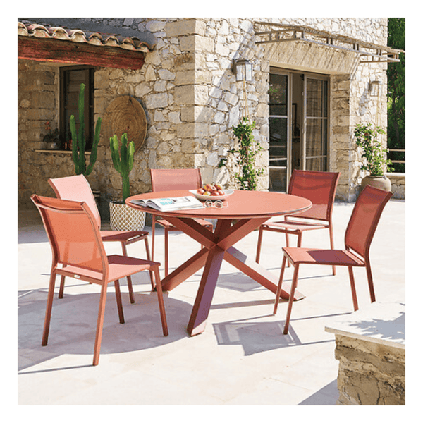 Alpha 55 Table Oryon ronde 6 places en aluminium et verre acajou
