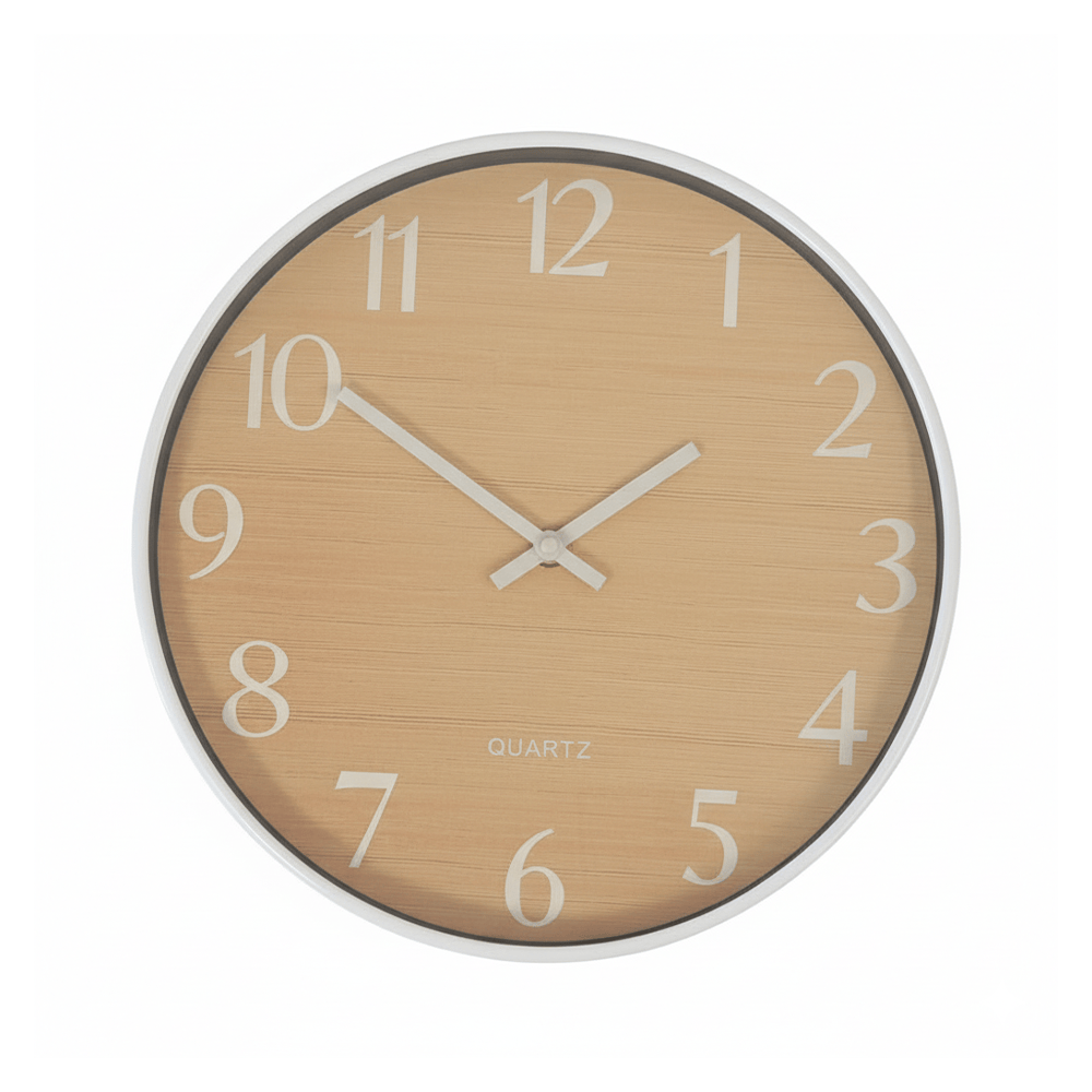 Alpha55 Horloge murale blanche fond en bois – Style naturel