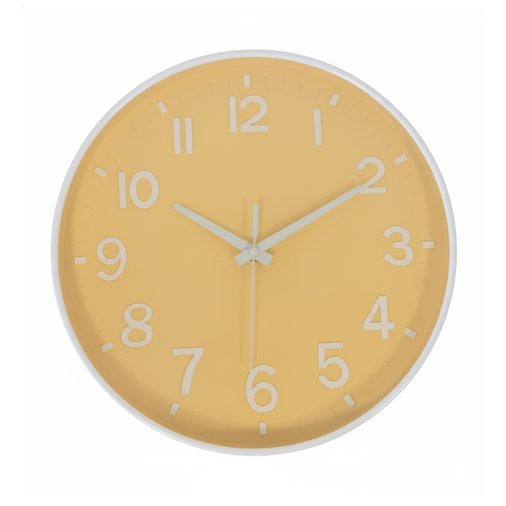 Alpha55 Horloge murale blanche fond jaune – Style lumineux