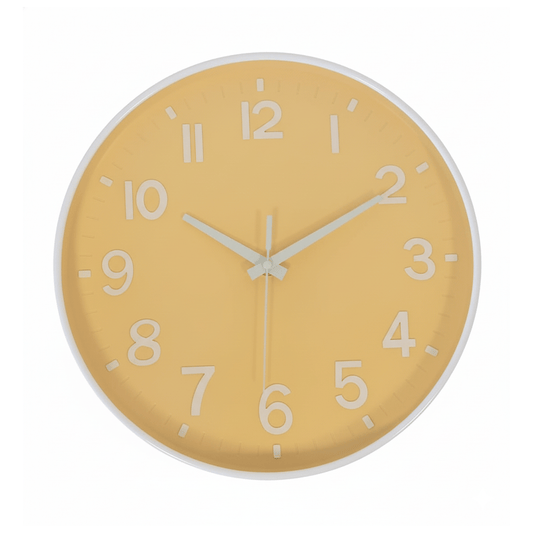 Alpha55 Horloge murale blanche fond jaune – Style lumineux