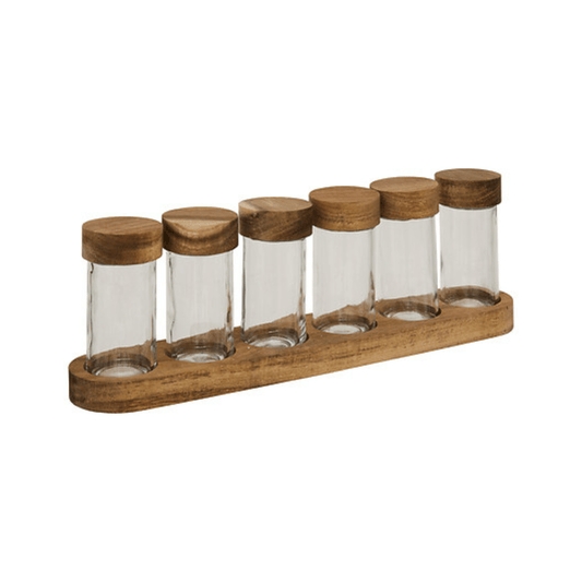 alpha55 Lot de 5 pots épices en verre avec plateau acacia