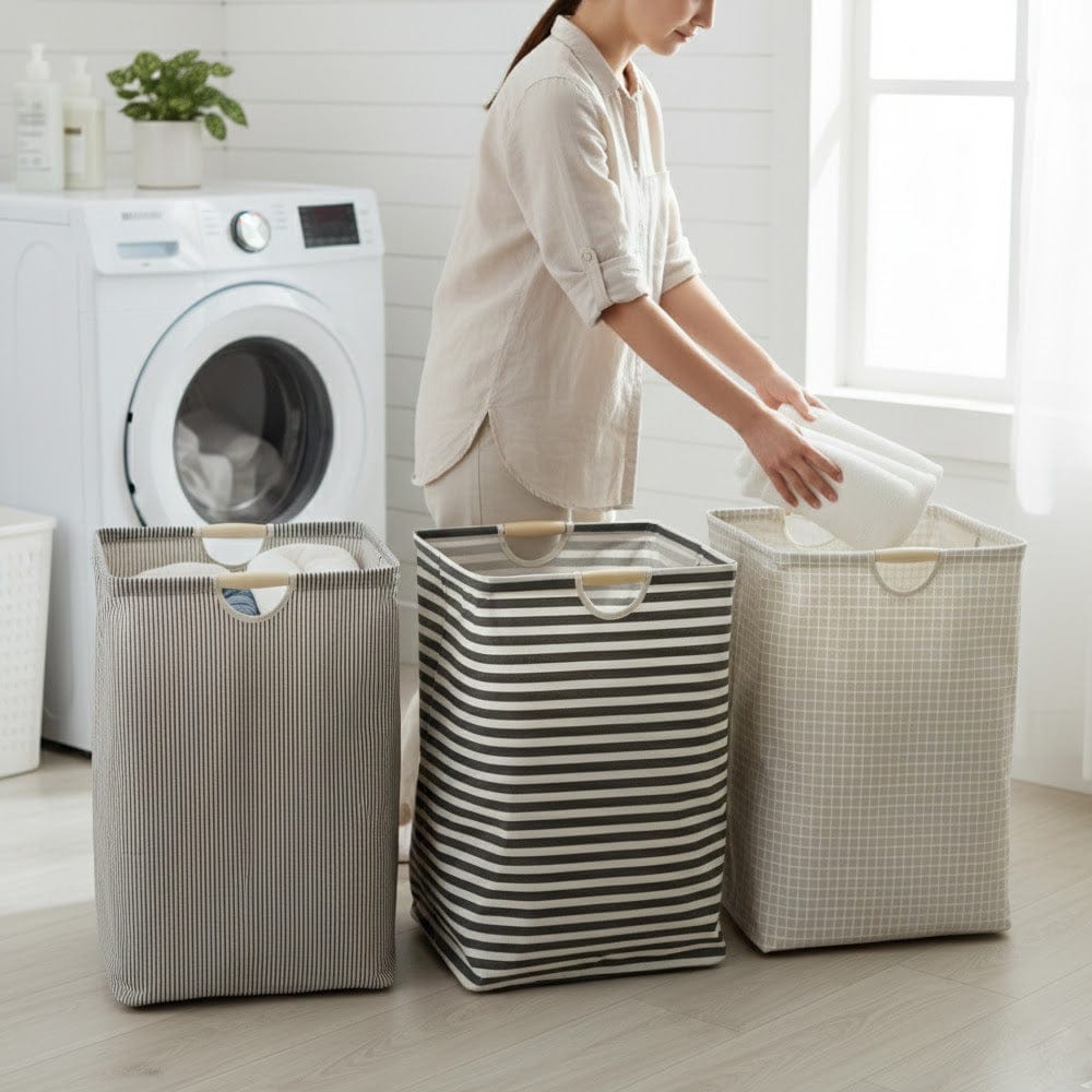 Alpha55 Panier à linge tissu rayé & carreaux – Anses bois